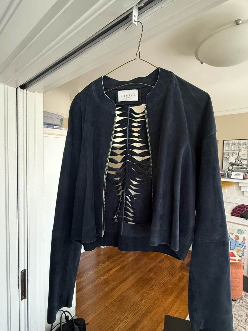 Sandro Moscoloni Black Suede Open-Front Zip Jacket